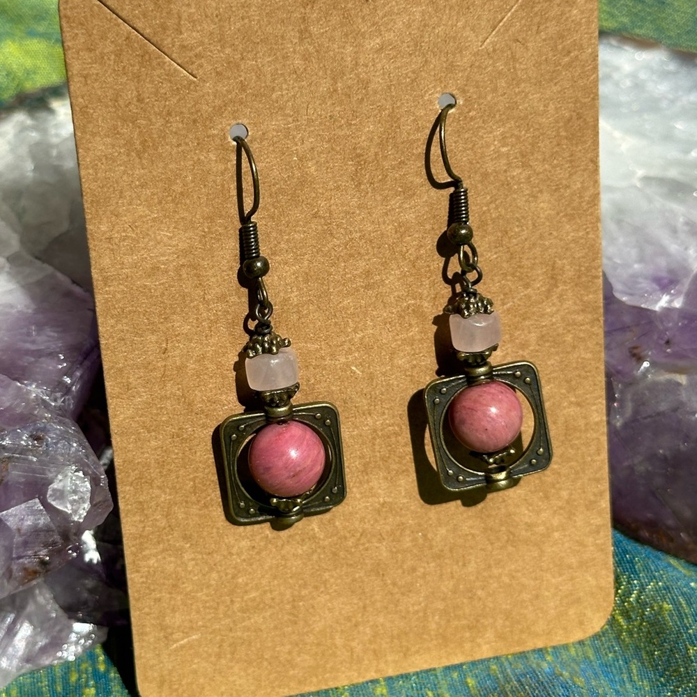 New Hand crafted earrings Pink Rhodonite and Rose Quartz Dangle with Bronze